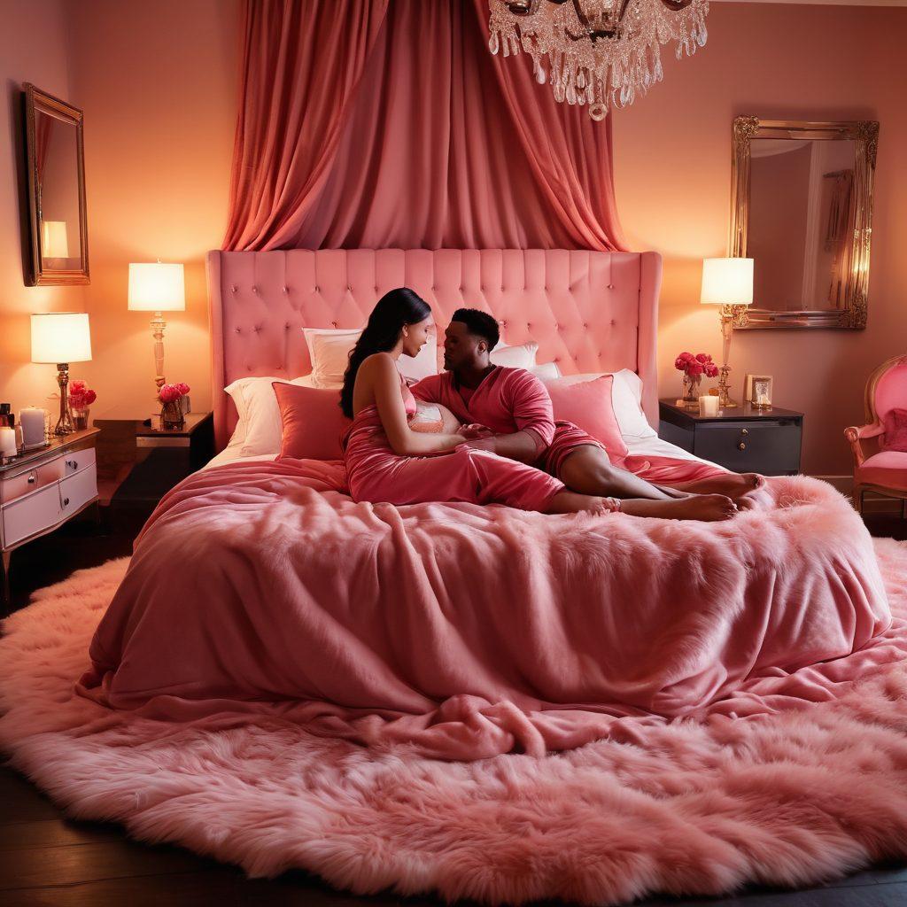 A beautifully arranged romantic setting featuring soft candlelight, luxurious fabrics, and an array of sensual products such as aromatic oils and elegant toys placed artfully on a plush bed. The atmosphere is warm and inviting, with soft pink and red hues illuminating the scene, evoking a feeling of intimacy and passion. Include silhouettes of a couple enjoying each other's company in the background. super-realistic. vibrant colors. soft focus.