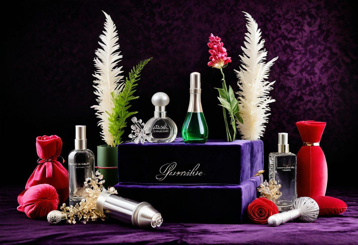 A sophisticated arrangement of high-end adult novelties and luxury toys displayed artfully on an elegant velvet background. Incorporate a soft glow and sparkling light effects to convey exclusivity and pleasure. Include a variety of textures and colors to demonstrate diversity in pleasure items. Subtle hints of floral elements and elegant packaging should be visible to enhance the luxurious feel. super-realistic. vibrant colors. soft focus.