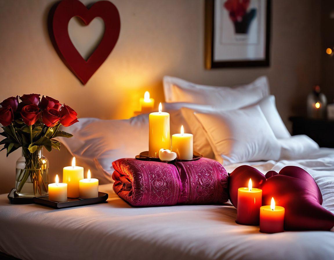 A cozy, intimate setting featuring a beautifully arranged display of tasteful intimate accessories for couples, including luxurious candles, elegant massage oils, and stylish toys, surrounded by soft pillows and warm lighting. The background shows subtle heart motifs, creating an inviting atmosphere. The scene evokes feelings of romance and connection, emphasizing the joy of exploring intimacy together. soft focus. vibrant colors. romantic ambiance.